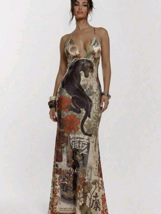 Dresses & Skirts - Sleeveless V-Neck Floral & Panther Print Maxi Dress — Beige Multi